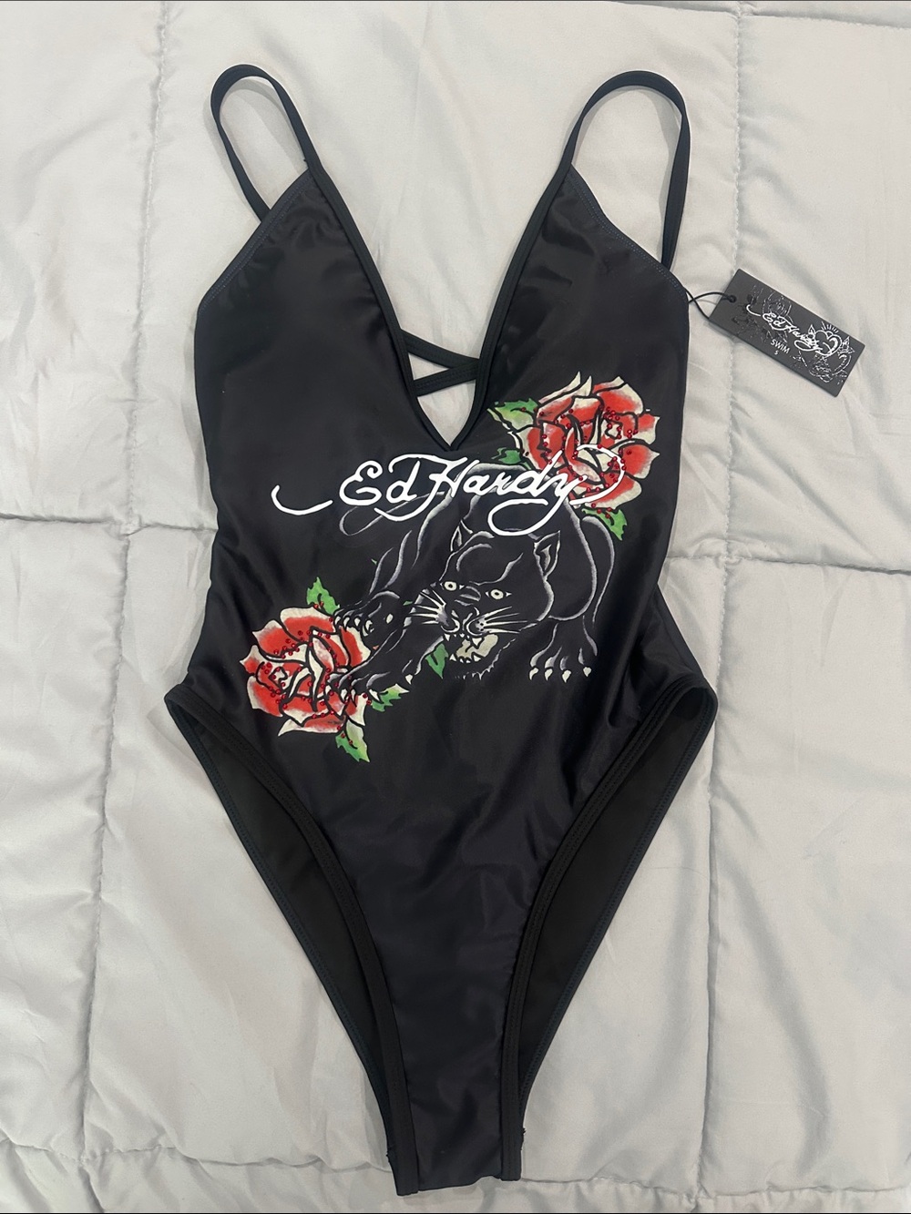 Ed Hardy Black One-Piece Swimsuit with Red Rose & Panther Graphic